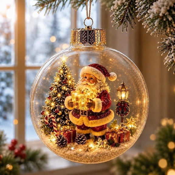 Glowing Christmas Diorama Ornament, Light-Up Mini 2D Holiday Scene for Display, Plastic Christmas Ball (Santa Claus)