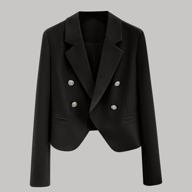 Soki Blazer Court pour Femme à Double Boutonnage, Manches Longues, Style Bureau Décontracté, Veste Courte en Noir Uni. Doté d'Un Col à Revers Cranté, d'Un design à Double Boutonnage avec Boutons et d'Une Coupe Ajustée. Léger et Respirant, Convient aux Tenues Professionnelles, Décontractées Ou de Bureau.