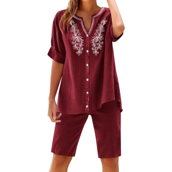 Womens Sets 2 Piece Outfits Casual Short Sleeve Button Down Shirt and Shorts Loungewear Summer Clothes