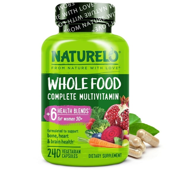 NATURELO Whole Food Multivitamin for Women 50 (Iron Free) with Vitamins, Minerals, & Organic Extracts - Supplement for Post Menopausal Women Over 50 - No GMO - 240 Vegan Capsules