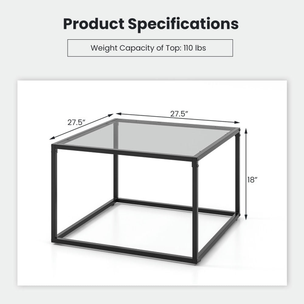 Finihen Coffee Table, Tempered Glass Coffee Table, 27.5 Inch Home Square Tea Table with Heavy-duty Metal Frame, for Living Room, Reception Room, Gray