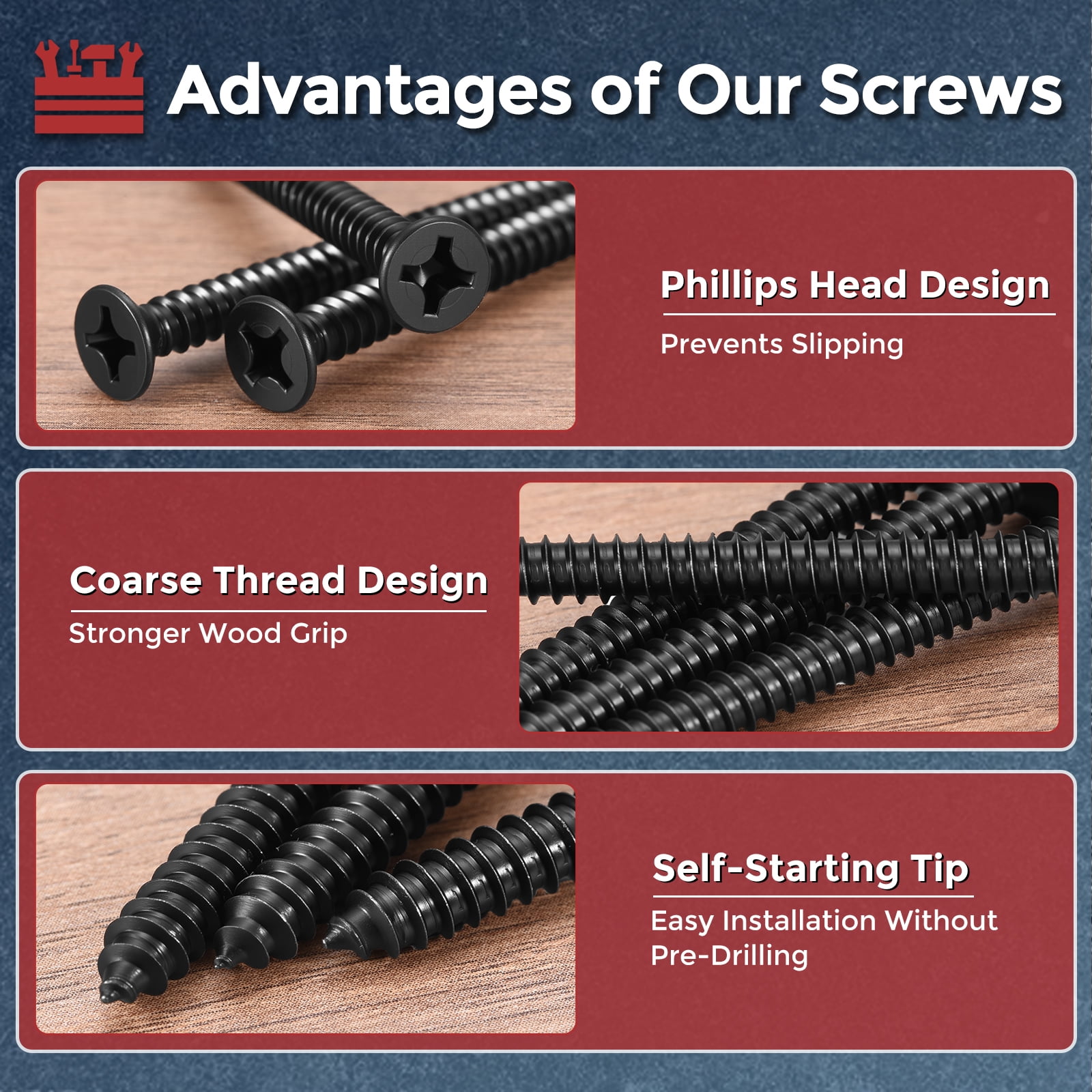 100pcs Phillips Flat Head Wood Screws - [#12x2-3/4"] 304 Stainless Steel Countersunk Self Tapping Screws for Furniture Assembly, Interior Trim, Outdoor Construction, Black
