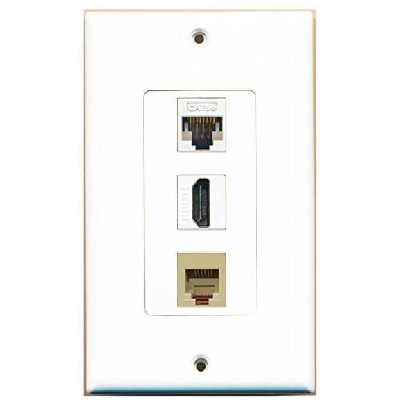 RiteAV - 1 Port HDMI and 1 Port Phone RJ11 RJ12 Beige and 1 Port Cat5e Ethernet White Decorative Wall Plate