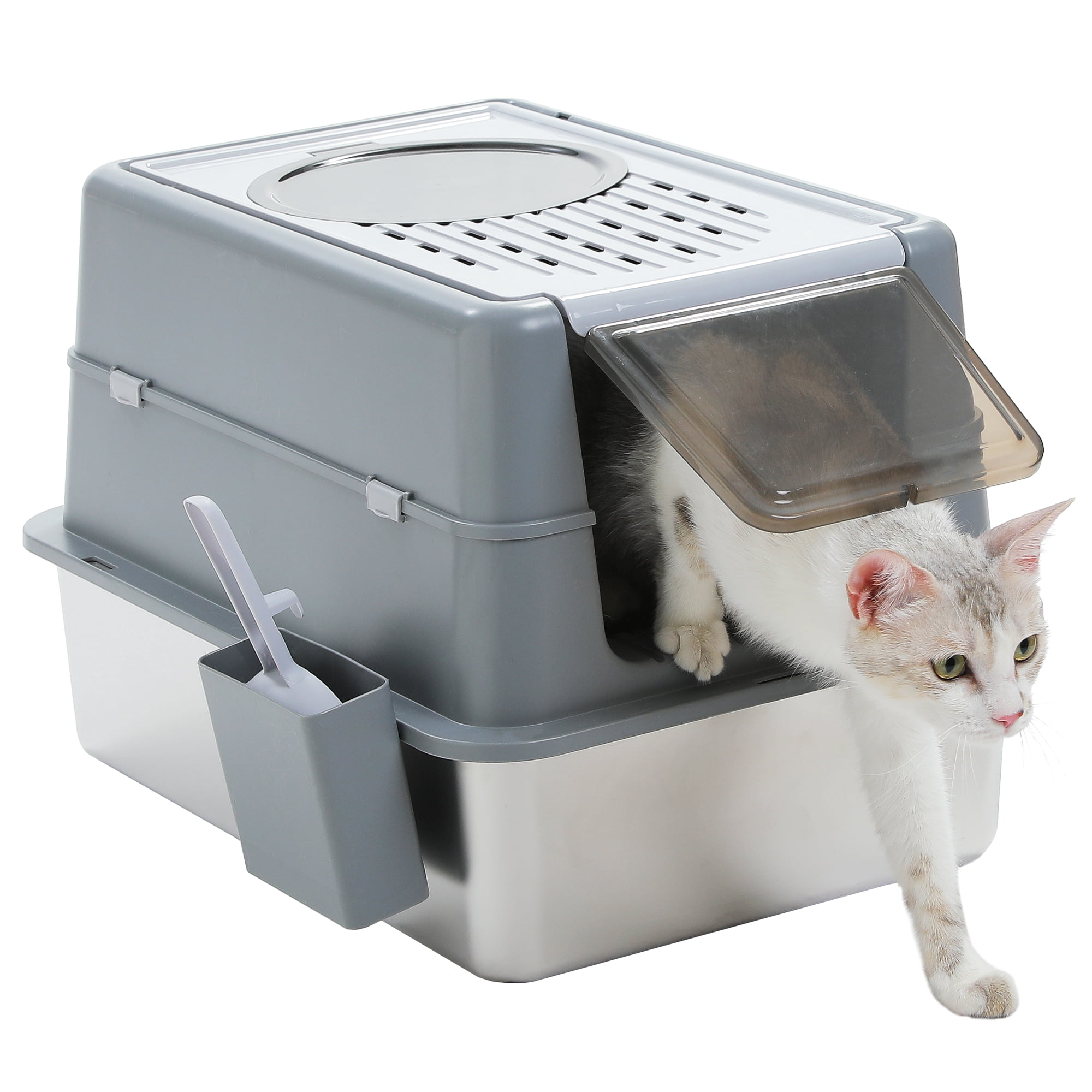PAWZ Road 304 Stainless Steel Litter Box with Lid Large Cat Litter Box with Scoop, Enclosed, Easy Clean, Odor Control