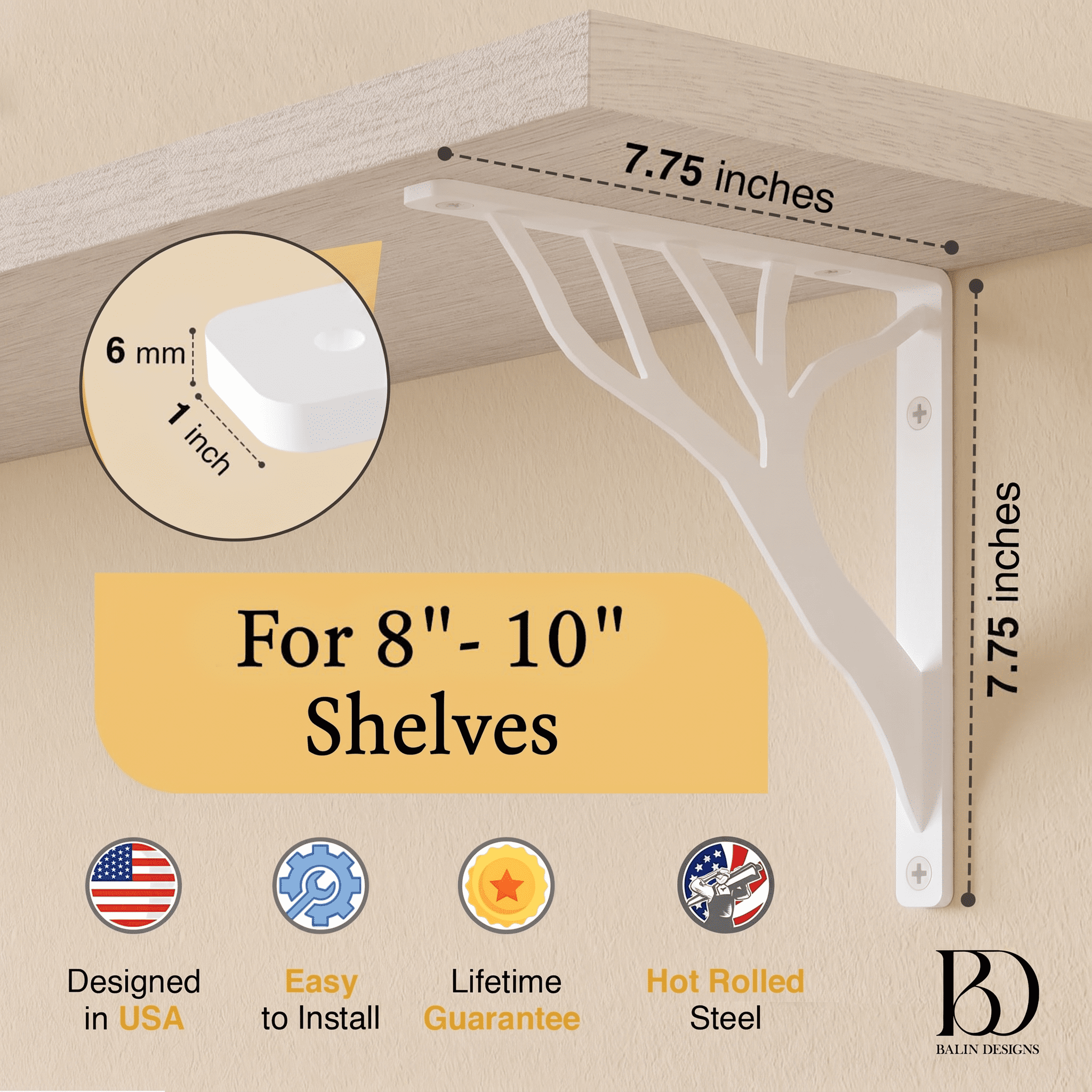 Rustic Tree Shelf L Brackets by Balin Designs (White) for 8"-10” Shelves - Heavy-Duty Decorative Metal Mantel Bracket Supports - Easy Installation with Included Hardware - Set of 4
