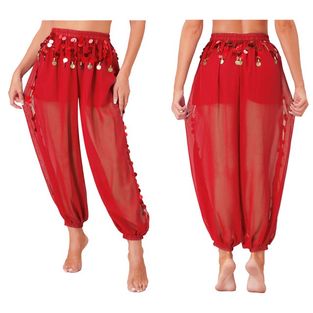 TiaoBug Women's Belly Dance Performance Pants Split Sequins Bloomers Semi See-Though Lantern Pants Red One Size