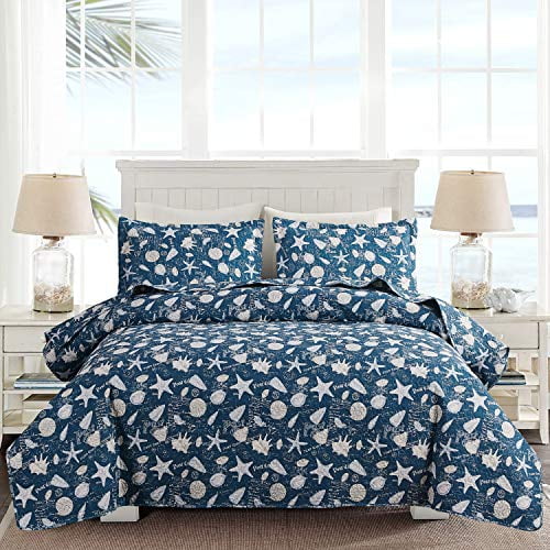 Ocean Quilt Set King Size Coastal Beach Theme Bedding Lightweight Reversible Starfish Seas Conch Bedspread Coverlet Blue Bed Cover With 2 Pillow Shams Com Ocean Quilt Set King Size Coastal Beach, King Size Coastal Bedding Sets