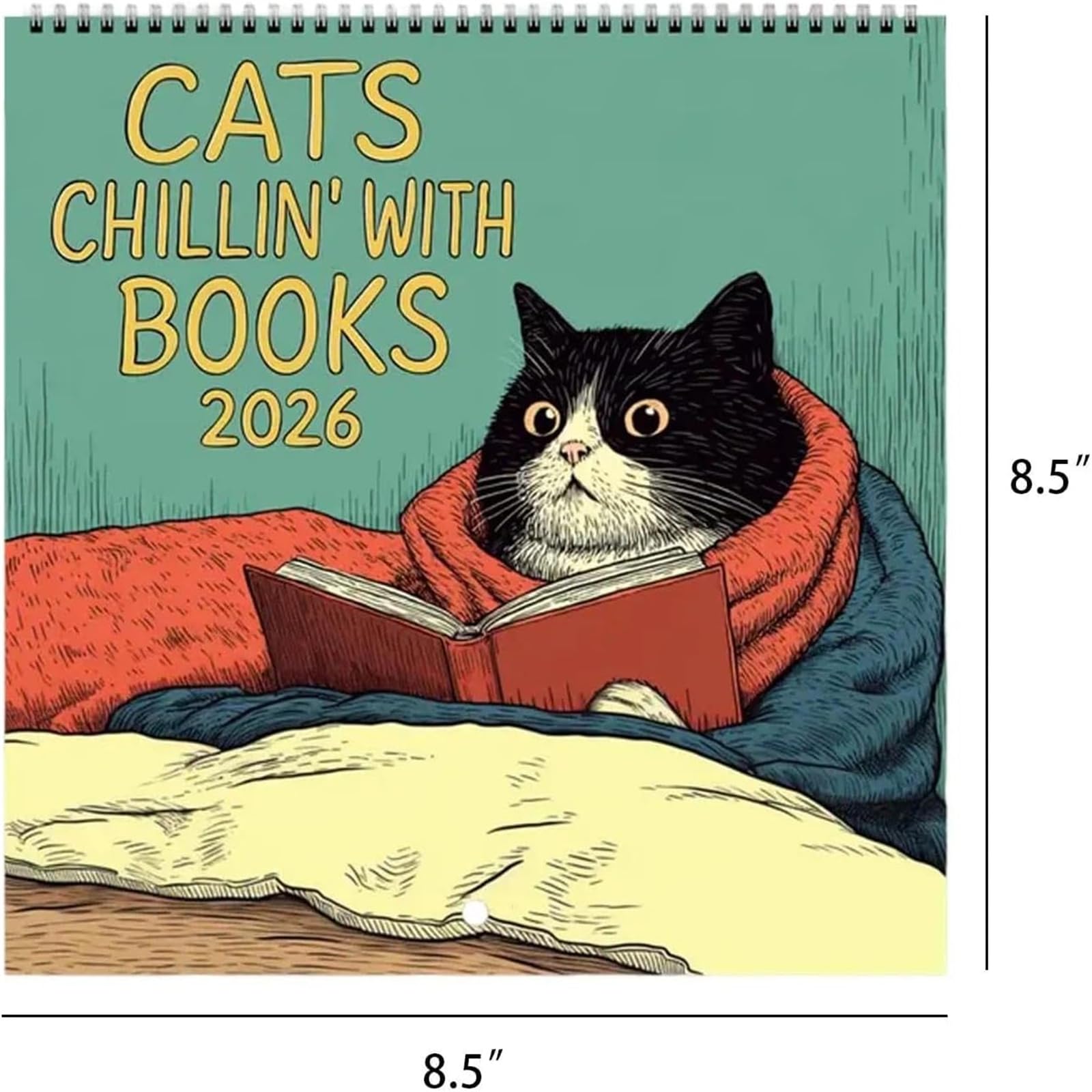 Calendrier Mural 2026 'Chat Chillin Avec Livre' - 12 Mois Illustrés De Chats - Format Carré 21x21 Cm - Déco Et Organisation