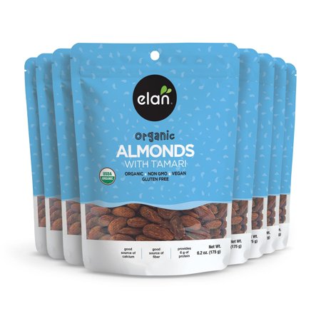Elan Organic Almonds with Tamari HYZ01 (Soy Sauce), Salty Snacks, Non-GMO, Gluten-Free, Vegan, Kosher, Savory Snacks, Seasoned Nuts, High in Fiber, 8 pack of 6.2 oz