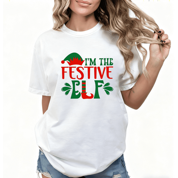Women’s I’m The Festive Elf Graphic Tee Christmas Holiday Top S-5XL Family Party Look