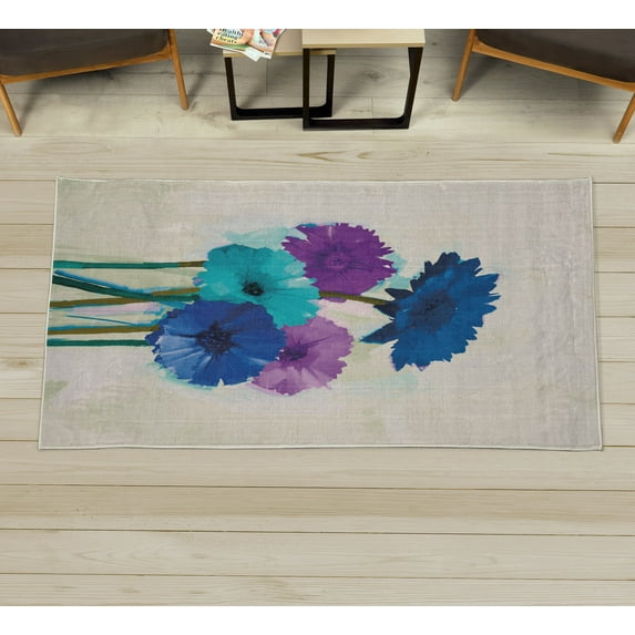 Gerber Daisy Decorative Rug, Posy of Spring Flowers Oil Painting Impressionist Still Life Pattern, Quality Carpet for Bedroom Dorm and Living Room, 6 Sizes, Violet Turquoise, by Ambesonne