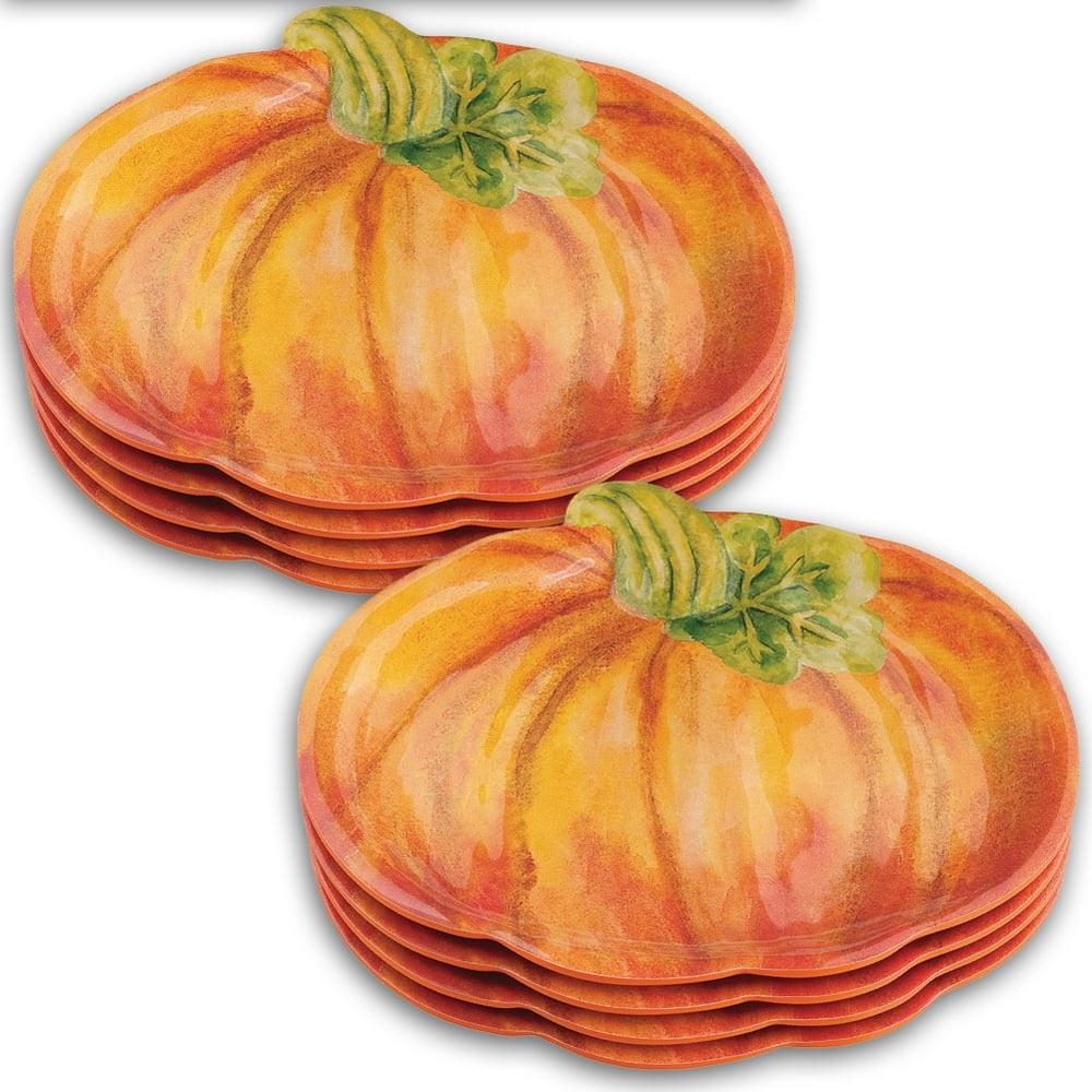 (Set/8) Pumpkin Shaped Plates Fall Halloween 8 Inch Melamine Dinnerware
