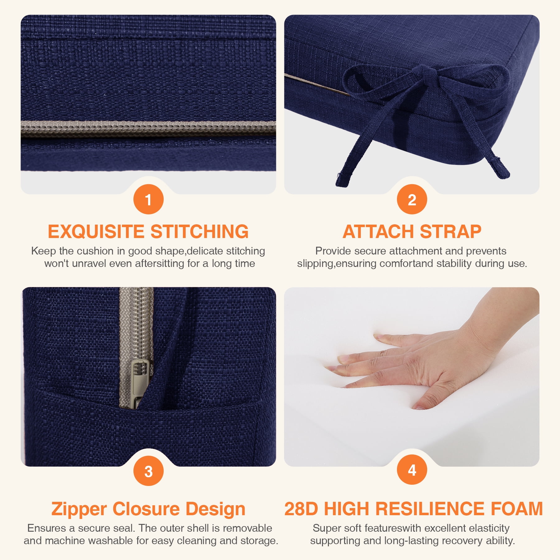 Favoyard Outdoor Cushion Set of 2, Rainproof & 3-Year Fade Resistant Patio Furniture Cushions with Removable Cover and Adjustable Ties for Garden