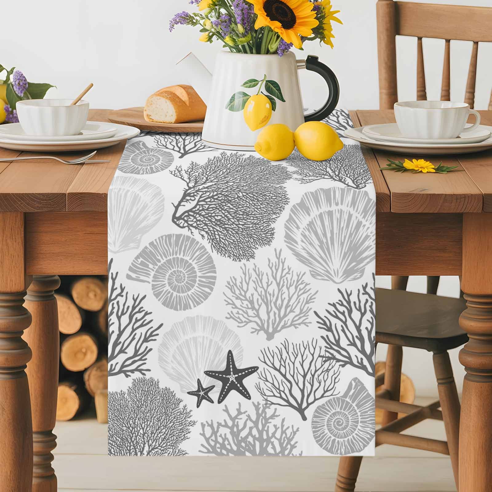 Classic Sea Grey Coral Table Runner 90 Inches Long, Abstract Marine Life Scenery Table Runners Tabletop Scarf Kitchen Dining Tables Decoration for Home Party Indoor Outdoor