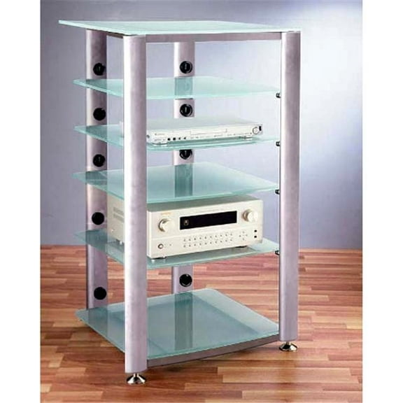 VTI Manufacturing HGR406SF 4 Silver Oval Poles 6 Frosted Glass Shelves AV Stand