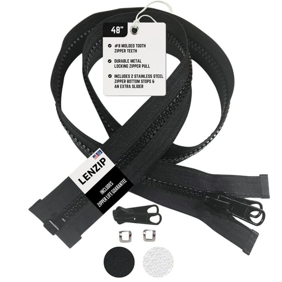 EZ-Xtend Lenzip #8 Separating Zipper - Heavy Duty Cut to Length Zipper with Double Metal Locking Pulls - Includes Stainless Steel Stops and Slider Replacement (White 120")