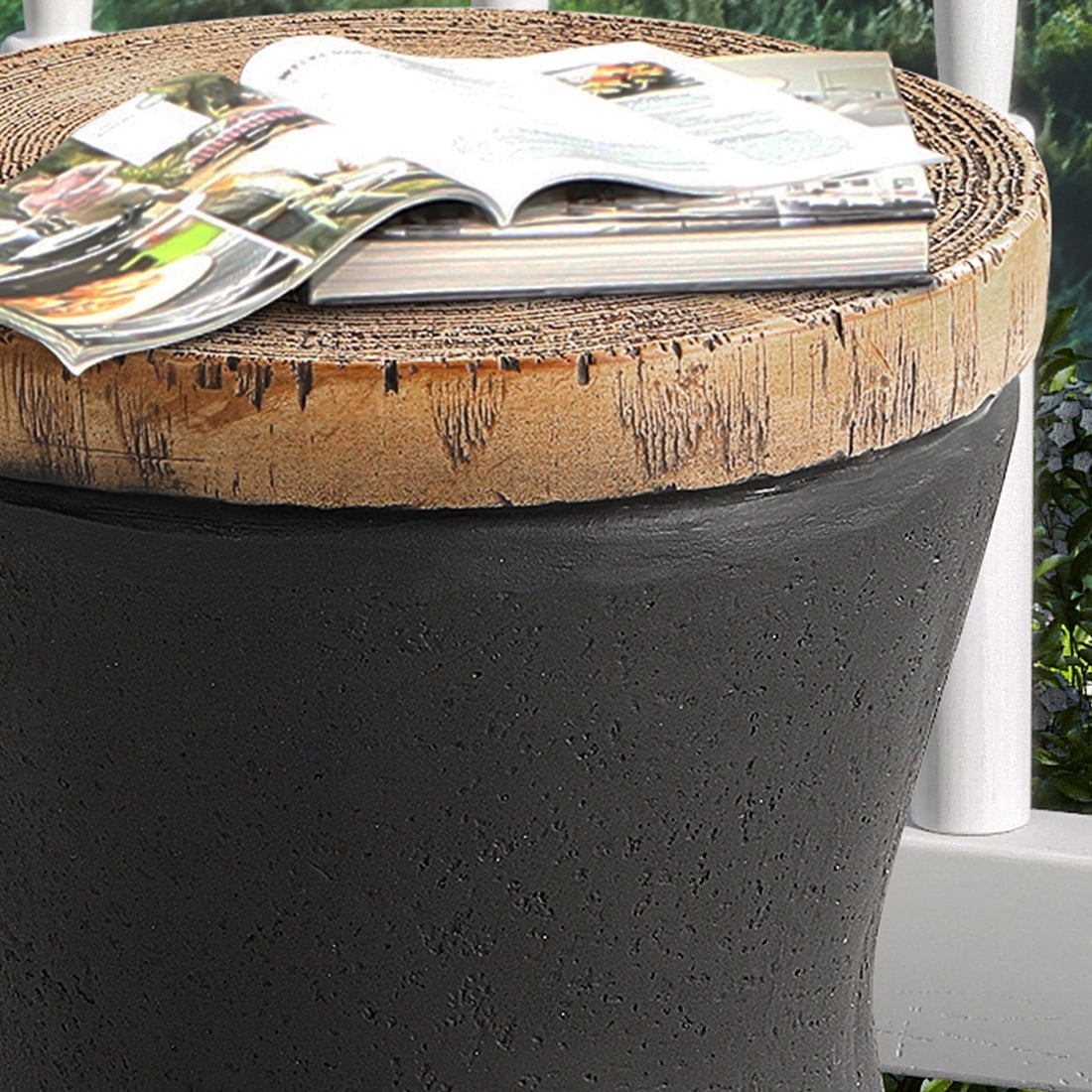 VENTOPYR 2 PCS Concrete Outdoor Side Table with Wood Grain Top,Small Jar Shaped Round Accent End Table for Patio, Garden,Black