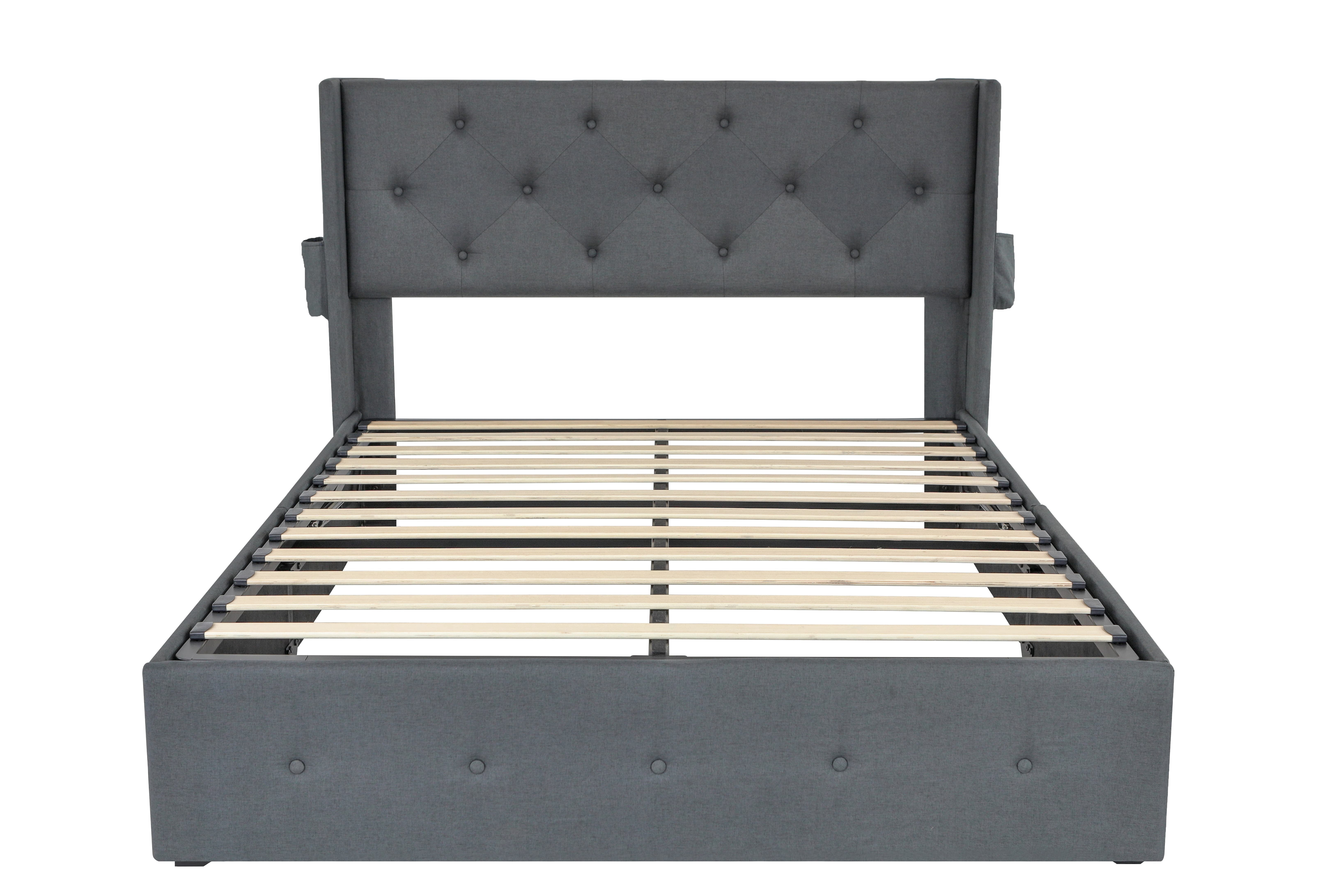 Euroco Full Size Platform Bed with Lift Up Storage and USB Charing Station, Modern Storage Bed with Wingback Headboard, Grey