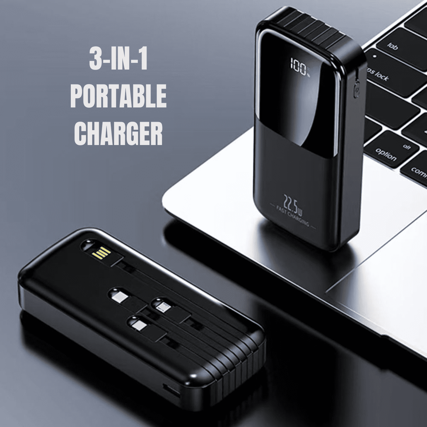 Entronix 3-in-1 Power Bank with Built-In Cables, 10000 mAh Portable Charger 22.5W Digital Display, Black