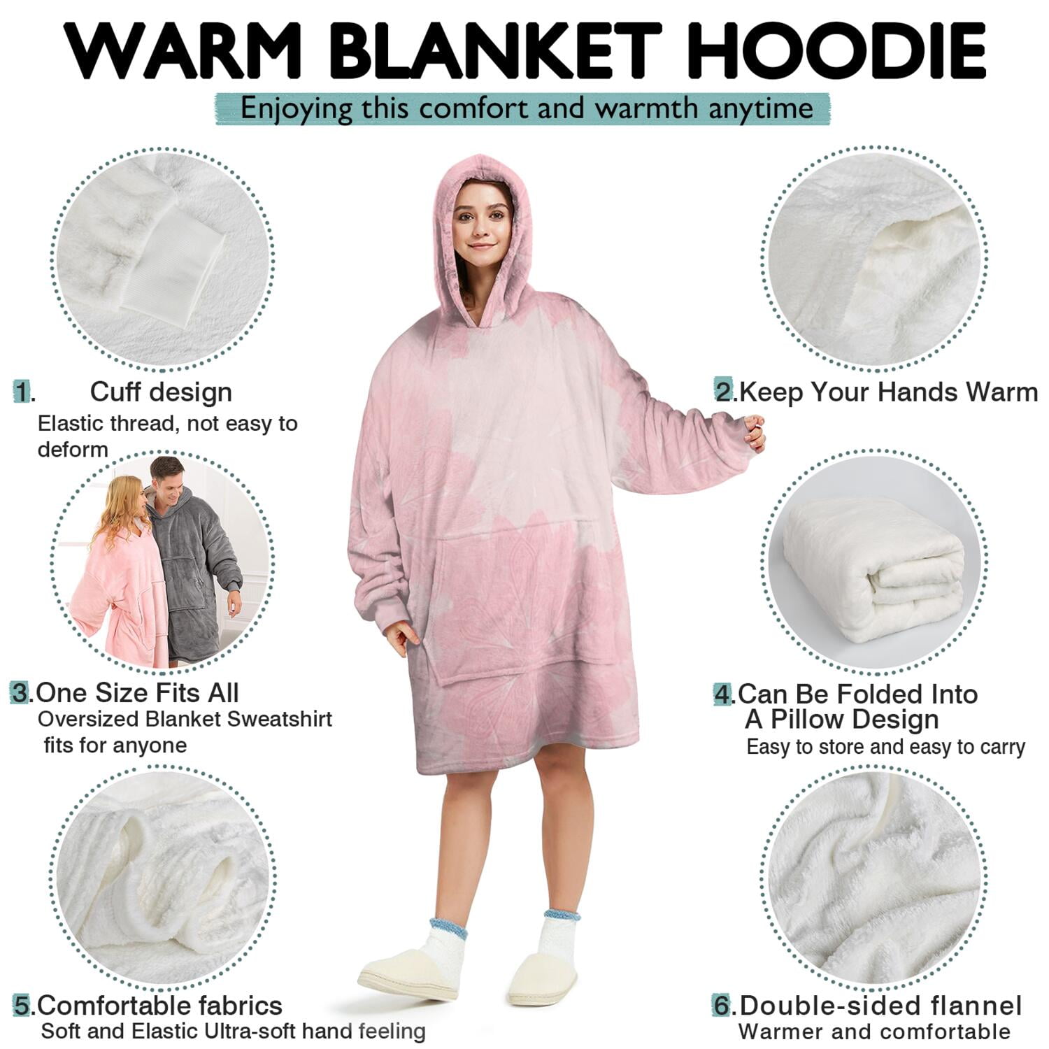 Wearable Oversized Blanket,Pink Floral and Petal Pattern Wearable Blanket Hoodie for Adults,Cozy Hooded Blankets with Super Pockets,Super Warm Fuzzy Pullover for Women & Men