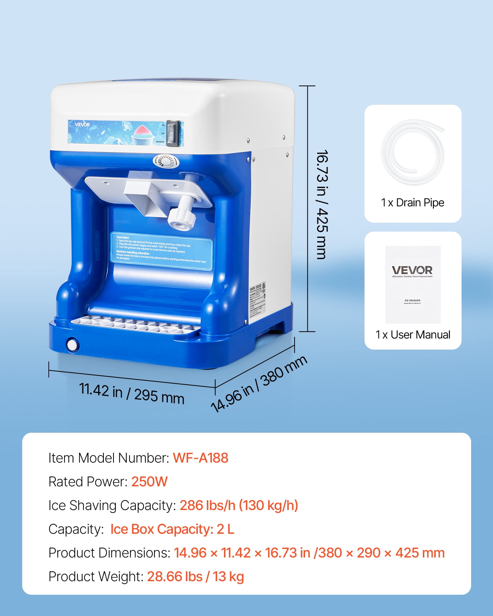VEVOR Commercial Ice Shaver Crusher,286lbs Per Hour Electric Snow Cone Maker with 2L Ice Cube Box,250W 1500RPM Tabletop Shaved Ice Machine for Parties Events Snack Bar,Home and Commercial Use (Blue)