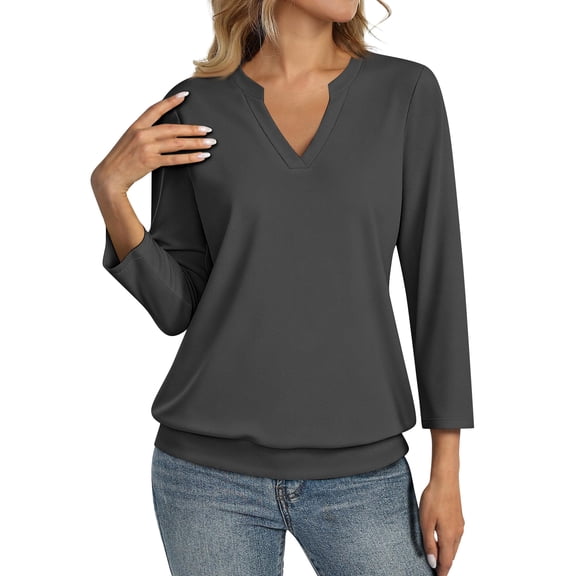 Womens Casual 3/4 Sleeve Shirts V Neck Banded Bottom Tops Dressy Summer Spring Blouse Dark Gray XL