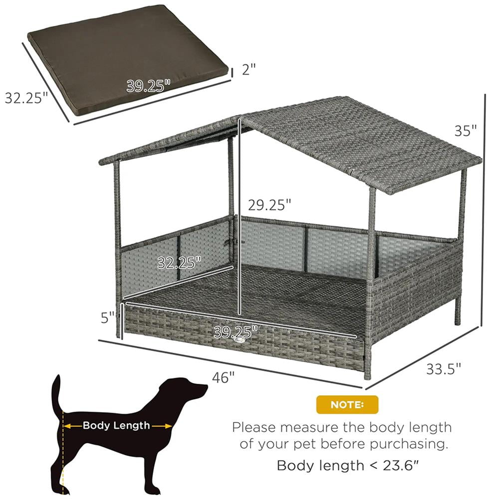 Resenkos Outdoor Dog Bed with Canopy, Rattan Dog Bed with Soft Cushion Removable Cover for Medium and Large Dogs, Charcoal Gray