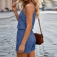 thumbnail image 4 of fheaev Ribbed Knit Romper for Women Spaghetti Strap Drawstring Sleeveless Drawstring Soft Loose Fit Summer Shorts Blue 2XL, 4 of 5