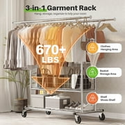 HOKEEPER 670lbs Heavy Duty Double Clothing Garment Rack with Shelves and Metal Basket Clothing Racks on Wheels Rolling Clothes Rack for Hanging Clothes Commercial Grade