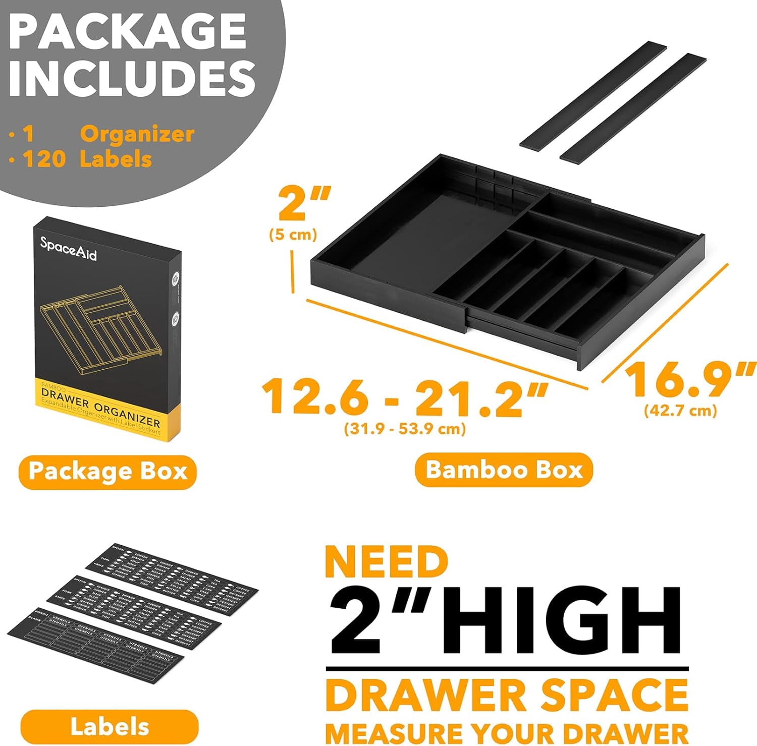 SpaceAid Bamboo Silverware Drawer Organizer with Labels, Expandable, 10 Slots, Black