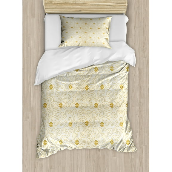 Floral Duvet Cover Set Twin Size, Ornamental Pattern with Tiny Flowers and Dotted Curves Abstract Nature, Decorative 2 Piece Bedding Set with 1 Pillow Sham, Earth Yellow and Beige, by Ambesonne