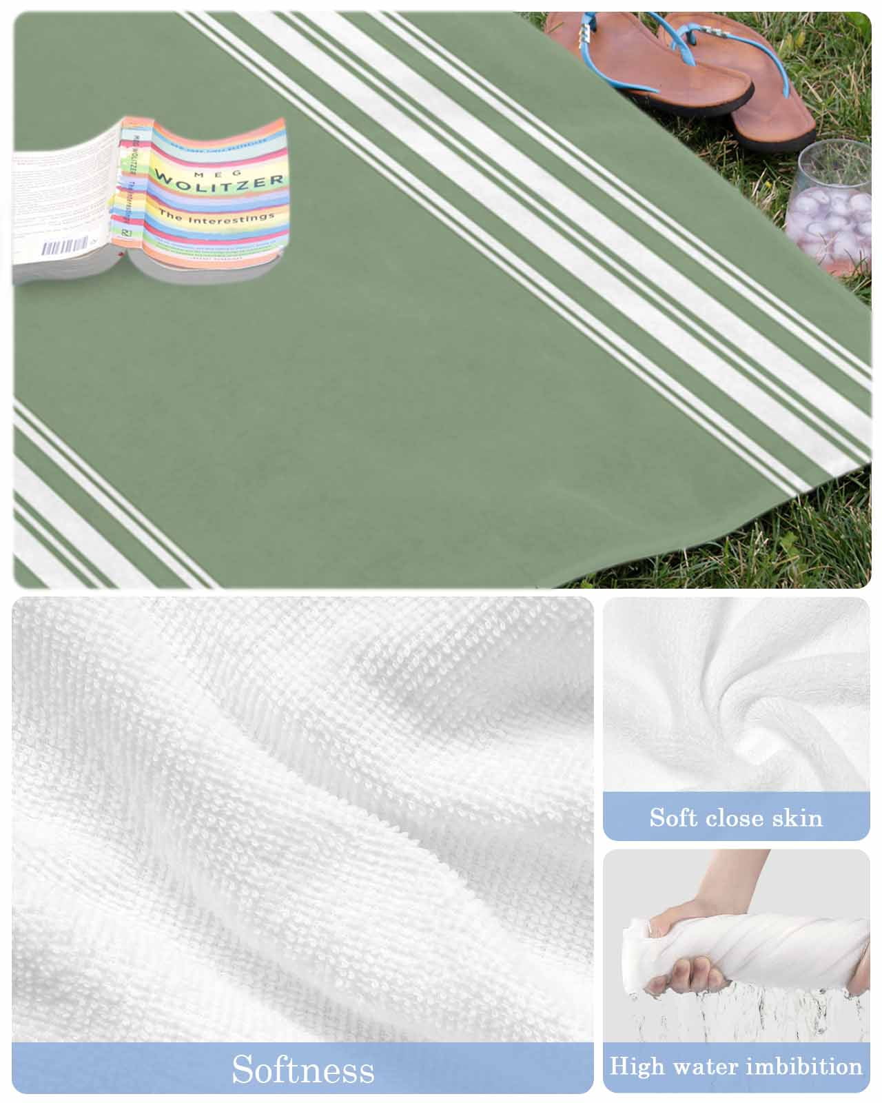 Dark Sage Green Beach Towels Oversized Super Absorbent, Farmhouse Sage Green White Striped Lightweight Bath Towel Quick Dry Sets For Bathroom/Pool/Rv Camping/Beach Play/Gym Room/Picnic 35"x70"