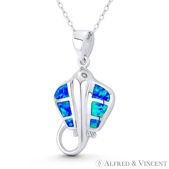 Stingray Ocean Sealife Charm Created Opal 32x17mm (1.25x0.7in) Pendant & Chain Necklace in .925 Sterling Silver w/ Rhodium