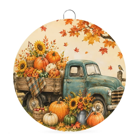 Welcome Sign Front Door Decorations, Orange Fall Round Wall Art Outdoor Metal Wreaths, Thanksgiving Pumpkins on Truck Maple Leaves Seasonal Hanging Sign for Home Porch Decor Warming Gift 6 In