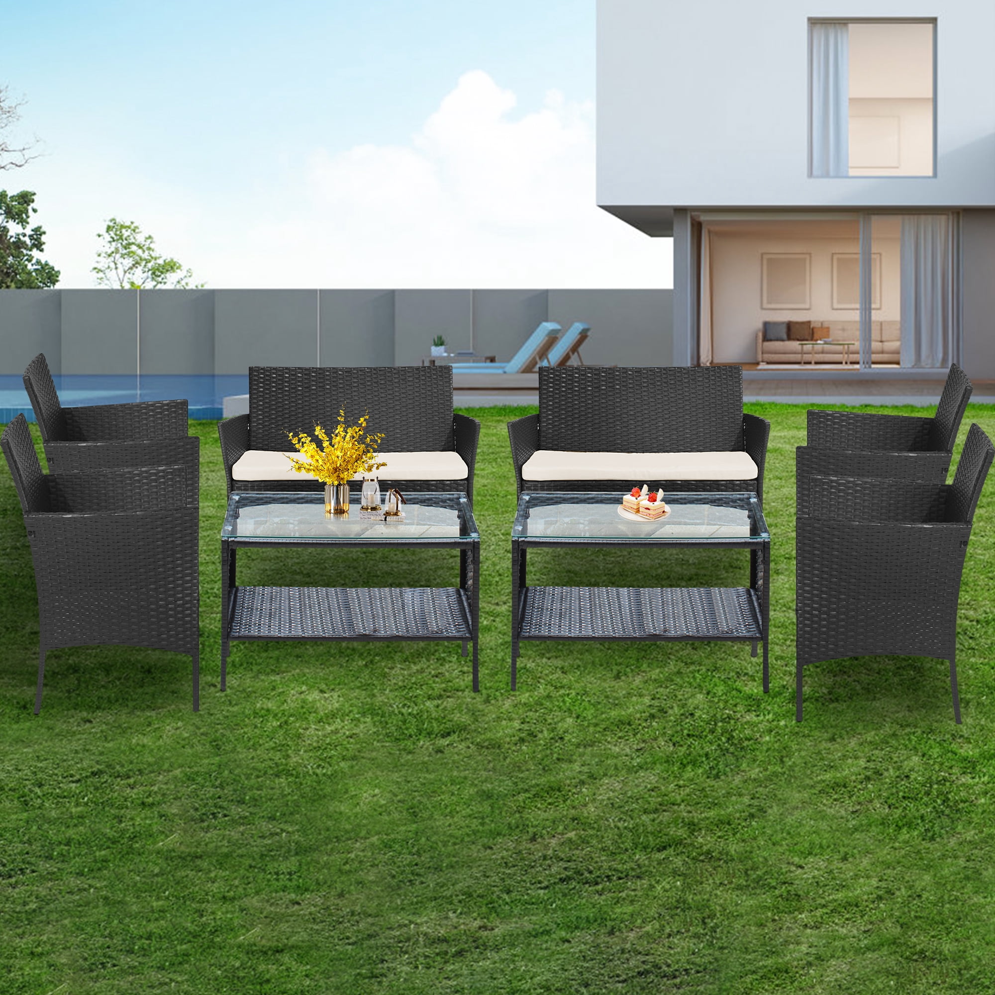 8 PCS Outdoor Patio Bistro Furniture Set, All-Weather Rattan Chair Set, Conversation Furniture Sets, Cushioned Seat & Glass Table, Bistro Table Set for Porch Garden Poolside Balcony, T208