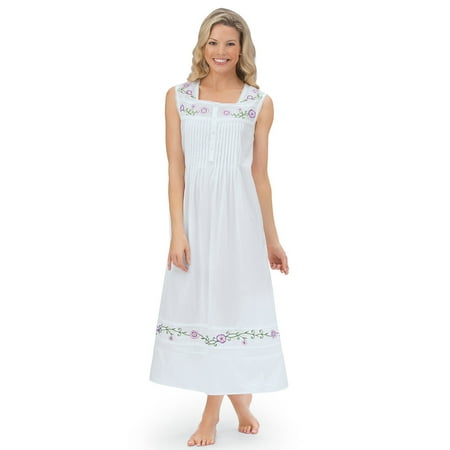 Bodice Lace Nightgown (Women's Long Cotton Sleeveless Nightgown Pajama with Floral Embroidery & Pintuck Bodice, X-Large,)