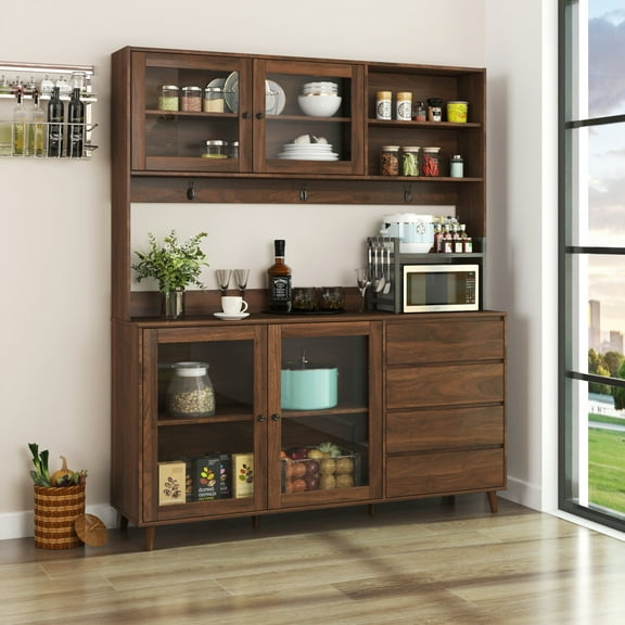 75” Tall Kitchen Pantry Storage Cabinet, Freestanding Kitchen Hutch Cabinet with Microwave Stand, 4 Drawers, 3 Hooks and Open Compartments for Dining Room, Walnut