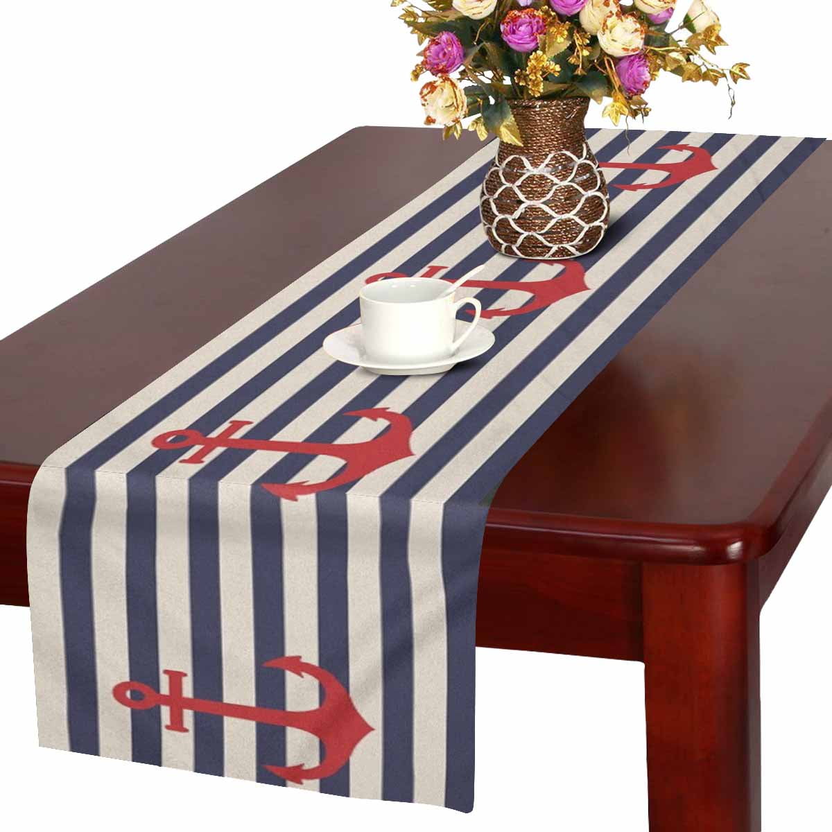SUNENAT Navy Blue Striped Marine Background with Nautical Anchor Table