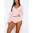 thumbnail image 4 of Womenacute;s Spring Summer Outfit Sets Long Sleeve Button Tops + Solid Color Low Waist Shorts, 4 of 8