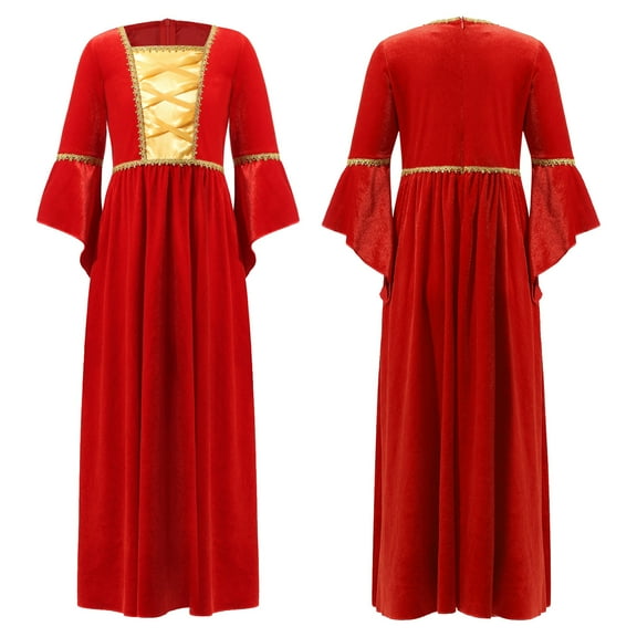 iiniim Kids Girls Medieval Princess Costume Long Flared Sleeve High Waist Maxi Dress Halloween 6-16 Red 8