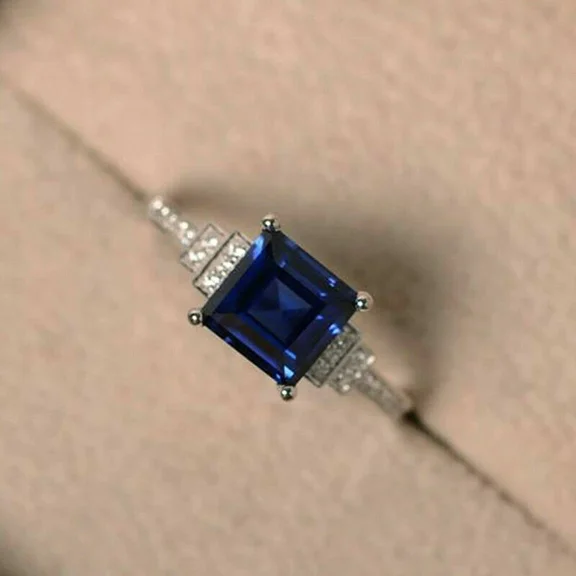 2.50 Ct Princess Cut Blue Sapphire & Diamond Accent Engagement Ring 14K White Gold Plated