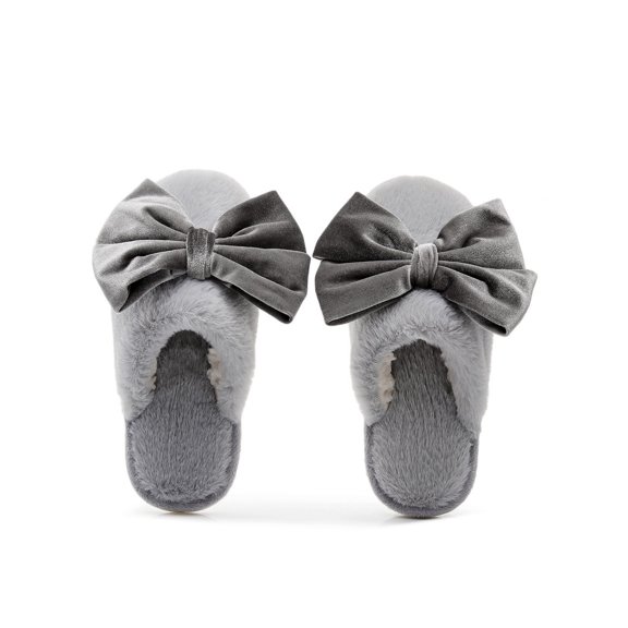 Viluyesy Womens Scuff Slippers Fuzzy Plush Big Bow Closed Toe Non Slip Warm Cute Indoor House Slides Gray Size 7.5-8.5