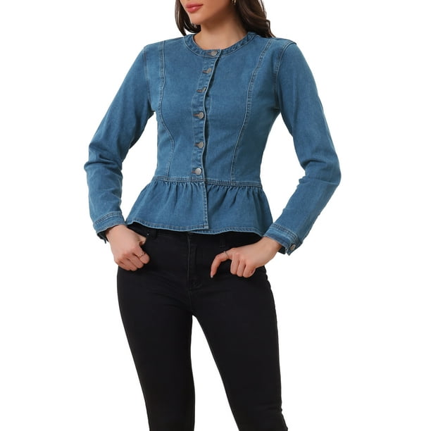Chaquetas de mezclilla para mujer INSPIRE CHIC, con botones, dobladillo peplum, mangas largas, chaquetas de mezclilla cortas, azul mezclilla, talla M