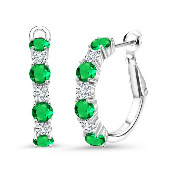 Gem Stone King 3.00 Cttw Green Nano Emerald and White Lab Grown Diamond Hoop Earrings for Women | 925 Sterling Silver | Gemstone Birthstone | Round 4MM and 3MM | Fine Jewelry Gifts for Her Mom Wife