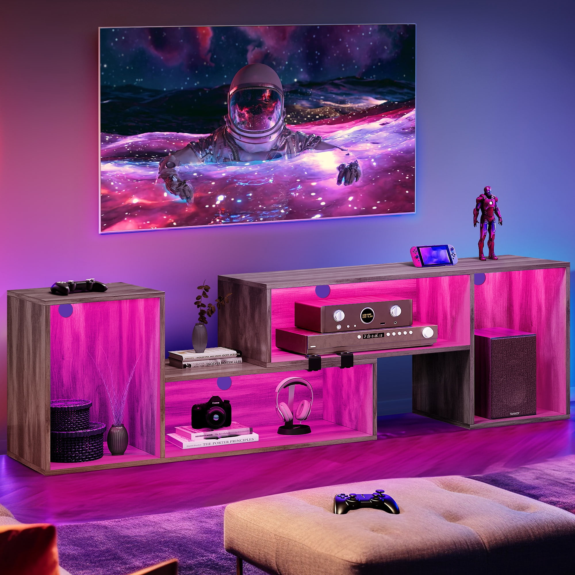 Uforic Oak TV Cabinet, 141×40×48cm, 110V US Plug, 16 Modes, Remote & Bluetooth Control, 15mm Particleboard