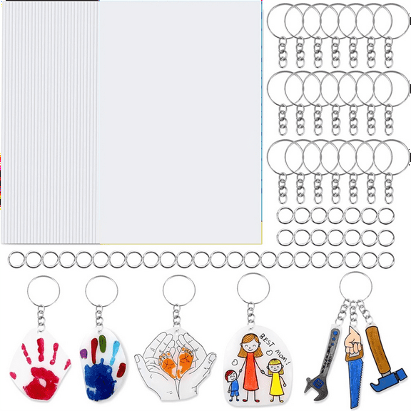 30PCS Shrink Plastic Sheets for Kids with 30 Keychains & 100 Jump Rings, Shrink Films Papers,for DIY Handprint Keychains,1 set fathers day craft