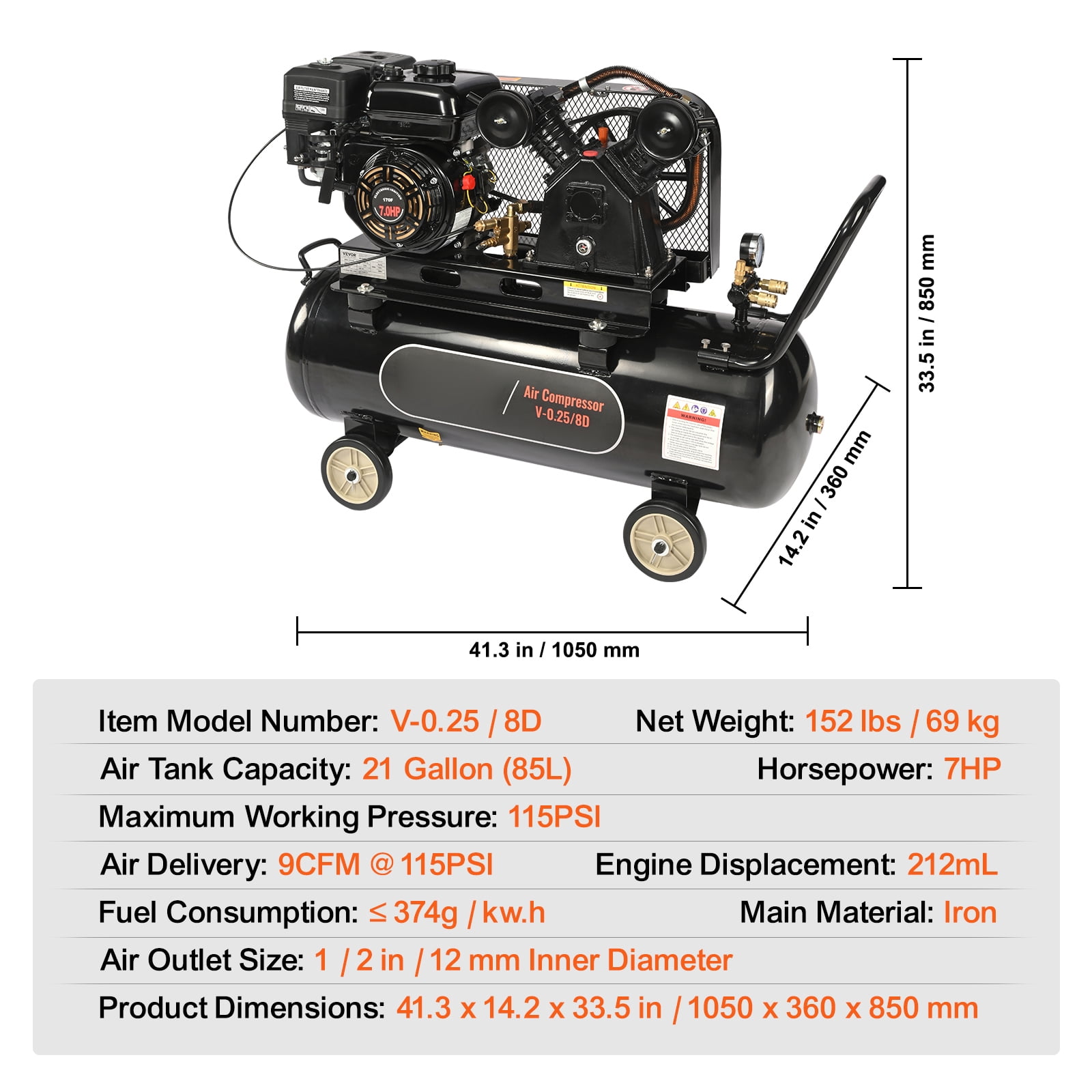 KFFKFF 7HP Gas-Fueled Air Compressor, Horizontal 21 Gallon Air Storage Tank, 9CFM@115PSI Gas Propelled Piston Pump Air Compression System, 115PSI Maximum Pressure, Suitable for Construction Locations