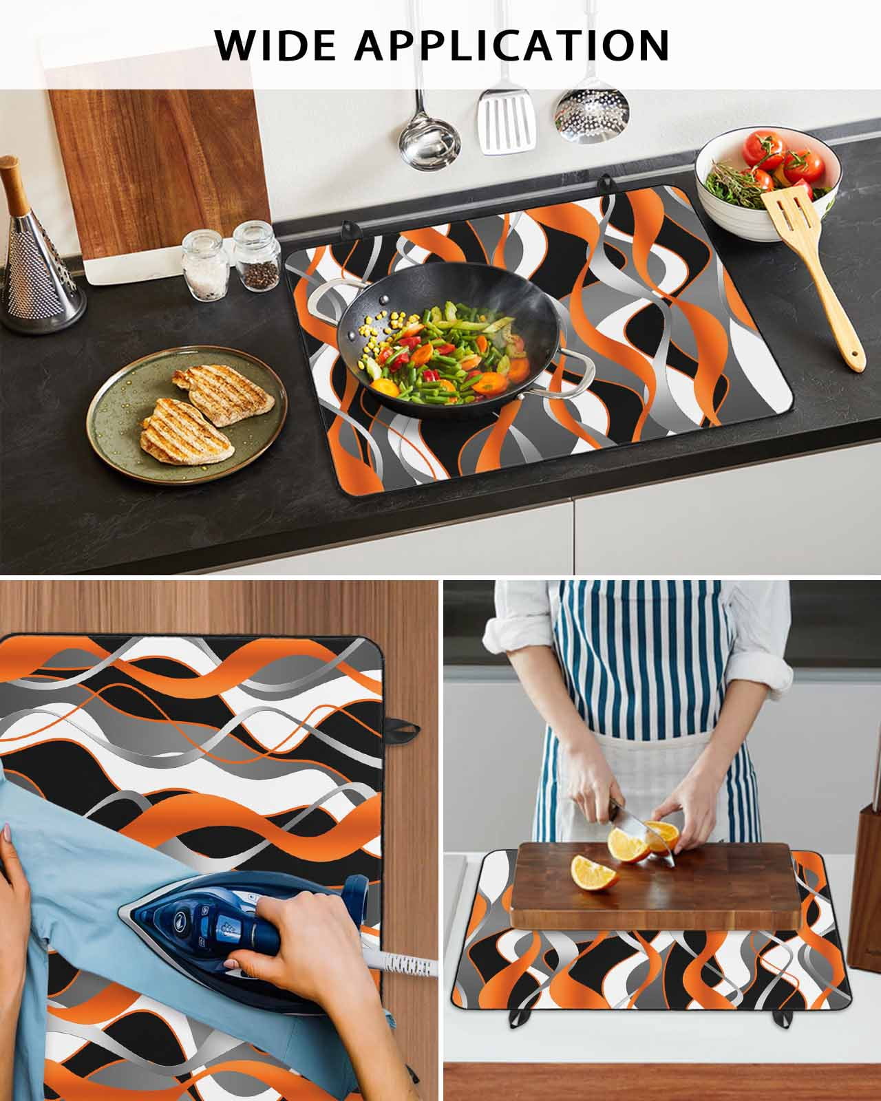 nqOlkjepod Large Induction Cooktop Protector Mat 24"x21", Abstract Stripes Stove Top Covers for Electric Stove, Retro Modern Orange Black Gray Lines Stove Burner Cover Mats, Glass Top Stove Cover