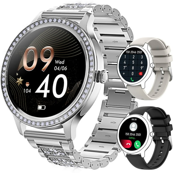 VOPOCO I70D1 Smart Watch for Women with Diamonds, 1.32” Full Touchscreen Smartwatch with 20 Sports Modes IP67 Waterproof Pedometer Compatible with iOS Android with 3 Staps