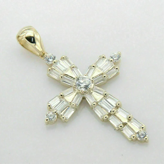 14K Yellow Gold Finish 2.5 Ct Round & Baguette Cut VVS1/D Diamond Cross Pendant